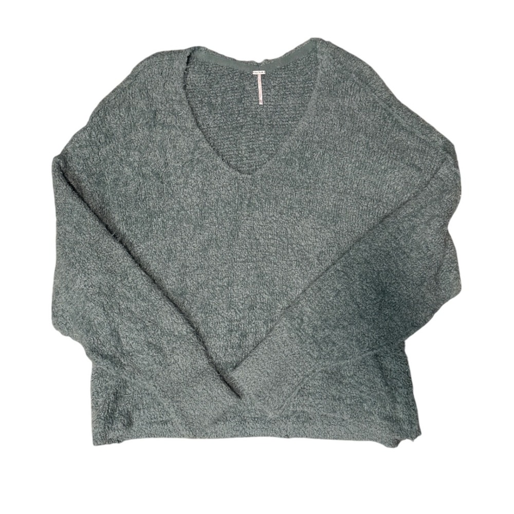 Free People Sweater XL Extra Large V Neck Pullover Fuzzy Knit Teal‎ Green